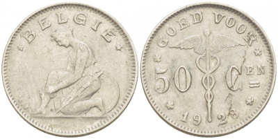 БЕЛЬГИЯ 50 САНТИМОВ 1928 BELGIE KM 88 никель 261-1165