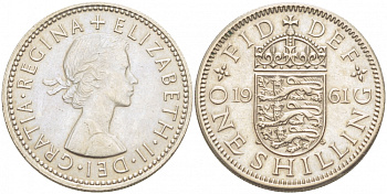 Великобритания 1 шиллинг 1961 Елизавета II (1952-2022), Английский герб KM 904, Spink 4147 медно-никель 77-333