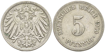 ГЕРМАНИЯ 5 ПФЕННИГОВ 1909 A KM 11, J. 12 медно-никель 105-138