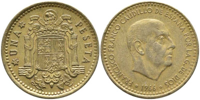 Испания 1 песета 1966 (74) Франсиско Франко (1939-1975) KM 796 алюминиевая бронза 110-1212