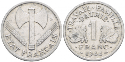 ФРАНЦИЯ 1 ФРАНК 1944 С, ТИП LEGERE, ПРАВИТЕЛЬСТВО ВИШИ KM 902.2, LE FRANC 223.7 алюминий 4402-931