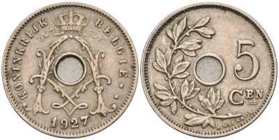 Бельгия 5 сантимов 1927 BELGIE KM 67 медно-никель 4116-1144
