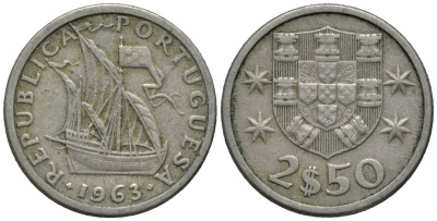 Португалия 2,5 эскудо 1963 парусник KM 590 медно-никель 4576-1256