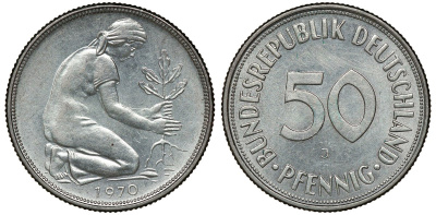 ФРГ 50 ПФЕННИГОВ 1970 J J 384, KM 109.1 медно-никель aUNC 72-1038