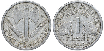 Франция 1 франк 1943 Режим Виши KM 902 алюминий 210-1021