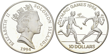 Соломоновы острова 10 долларов 1994 XXVI Олимпийские игры 1996 года в Атланте, бег, эстафета KM 53 серебро PROOF 1074-5-33