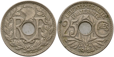 Франция 25 сантимов 1924 KM 867a медно-никель 4187-952