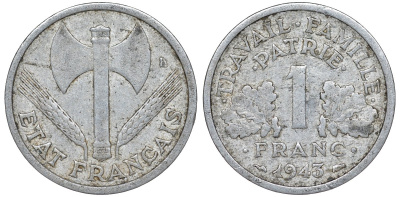 Франция 1 франк 1943 Режим Виши KM 902 алюминий 210-1021