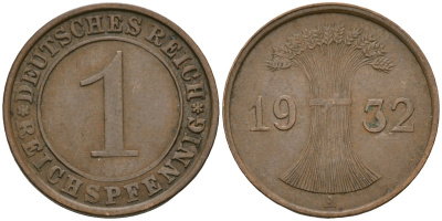 Германия 1 рейхспфенниг 1932 A KM 37, J. 313 бронза 4189-1144
