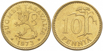 ФИНЛЯНДИЯ 10 ПЕННИ 1973 S KM 46 алюминиевая бронза UNC 3718-127
