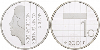 Нидерланды 1 гульден 2001 Беатрикс (1980-2013) KM 205a серебро PROOF 1087-4-41