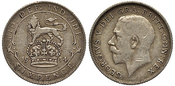 Великобритания 6 пенсов 1914 Георг V (1910-1936) KM 815, Spink 4014 серебро 4538-1241