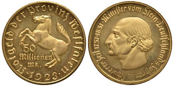 ВЕСТФАЛИЯ 50000000 МАРОК 1923 НОТГЕЛЬД, ВЕЙМАРСКАЯ РЕСПУБЛИКА, МИНИСТР ФИНАНСОВ ШТЕЙН Jn 23a желтый металл UNC 1081-9-61