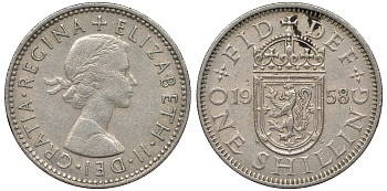 Великобритания 1 шиллинг 1958 Елизавета II (1952-2022), Шотландский герб KM 905, Spink 4148 медно-никель 62-846