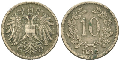 Австрия 10 геллеров 1916 Австрийский флаг на щите KM 2825 медь цинк никель 192-316