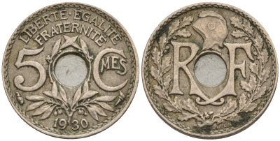 Франция 5 сантимов 1930 KM 875 медно-никель 4596-568