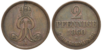 Брауншвейг-Каленберг-Ганновер 2 пфеннига 1860 B, Георг V (1851-1866) KM 234,aKS 153, J. 91 медь 4142-326
