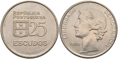 Португалия 25 эскудо 1985 KM 607a медно-никель 4572-515