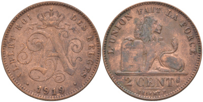 БЕЛЬГИЯ 2 САНТИМА 1919 BELGES KM 65 медь 106-416