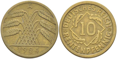 ГЕРМАНИЯ 10 РЕНTЕНПФЕННИГОВ 1924 A KM 33, J. 309, Weege 8 алюминиевая бронза 210-324