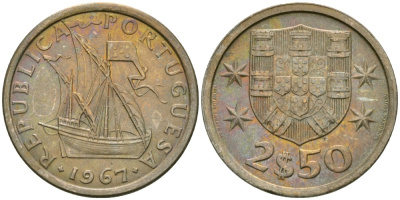 Португалия 2,5 эскудо 1967 Парусник KM 590 медно-никель aUNC 4576-151
