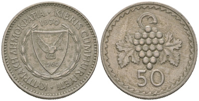 Кипр 50 милей 1970 один из самый редких годов выпуска - 500.000 KM 41 медно-никель 4579-1247