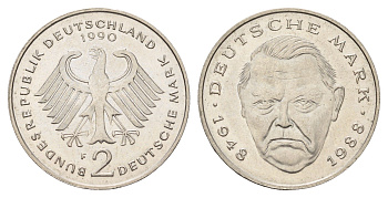 ФРГ 2 марки 1990 F, Людвиг Эрхард, 40 лет Федеративной Республике (1948-1988) KM 170, J. 445 медно-никель UNC 3459-1017