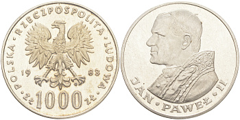 Польша 1000 злотых 1983 MW, визит папы Иоанна Павла II в Польшу KM 144, Parchimowicz 337b серебро UNC 1087-10-61