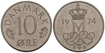 Дания 10 эре 1974 Маргрете II (1973 - 1988) KM 860 медно-никель 4173-726