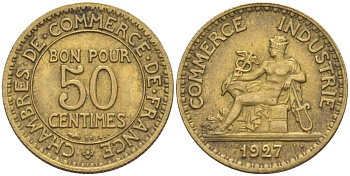 ФРАНЦИЯ 50 САНТИМОВ 1927 ТИП CHAMBRERES DE COMMERCE KM 884, LE FRANC 191.10 алюминиевая бронза 44-355