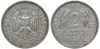 ФРГ 2 марки 1951 D J 386, KM 111 медно-никель плакированный никелем 72-222