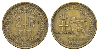Монако 2 франка 1924 год-тип KM 112 алюминиевая бронза 1523-421