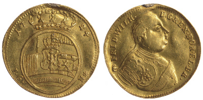 Пруссия 1 дукат 1724 Фридрих Вильгельм I (1688-1740), король солдат, монетный двор Берлин, следы подвески Fr. 2358, KM. 190 золото 10-009-21