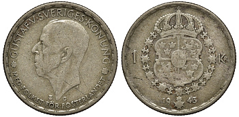 Швеция 1 крона 1943 G, Густав V (1907-1950) KM 814 серебро 4178-536