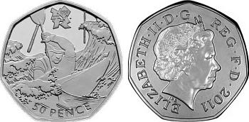 Великобритания 50 пенсов 2011 XXX летние Олимпийские игры в Лондоне в 2012 году, гребля на каноэ, в оригинальном картонном буклете, с Олимпийской голограммой (8/29) KM 1168 медно-никель  UNC  3-6-6-04