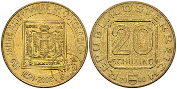 Австрия 20 шиллингов 2000 150 лет первой австрийской марке KM 3064 алюминиевая бронза UNC 221-515