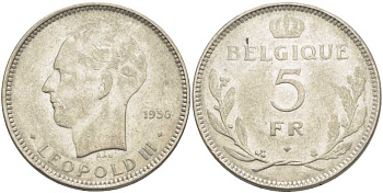 Бельгия 5 франков 1936 Леопольд III (1934-1951), Belgique KM 118 никель 3851-442