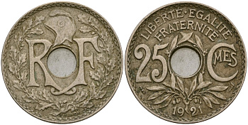 Франция 25 сантимов 1921 KM 867a медно-никель 51-3037