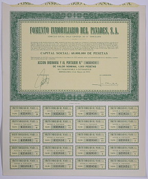 Испания акция на 1000 песет 1973 Fomento Inmobiliario del Panades, S.A., Барселона 1973, с купонами бумага 5544-18