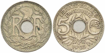 ФРАНЦИЯ 5 САНТИМОВ 1935 ТИП ЛИНДАЙЁ KM 875, LE FRANC 122.18 медно-никель 105-365