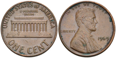 США 1 цент 1969 Линкольн KM 201 медь цинк 4564-448