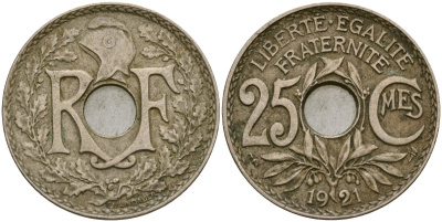 Франция 25 сантимов 1921 KM 867a медно-никель 51-3037