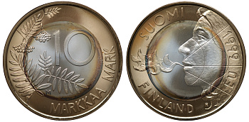 Финляндия 10 марок 1999 председательство Финляндии в Евросоюзе, с сертификатом KM 91а биметалл, серебро, золото UNC 10-010-61