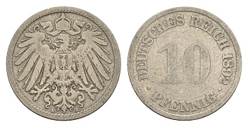 Германия 10 пфеннигов 1892 A, Вильгельм II (1888-1918) KM 12, J. 13 медно-никель 4640-228