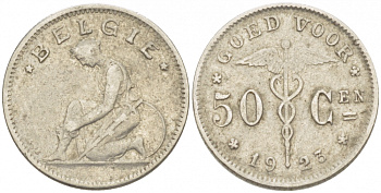 БЕЛЬГИЯ 50 САНТИМОВ 1923 BELGIE KM 88 никель 261-1662