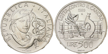 Италия 500 лир 1989 R, Борьба против рака KM 131 серебро BU 4367-913