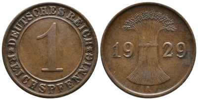 ГЕРМАНИЯ 1 РЕЙХСПФЕННИГ 1929 A KM 37, J. 313 бронза 39-1018