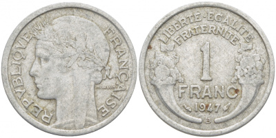 ФРАНЦИЯ 1 ФРАНК 1947 В KM 885а.2 алюминий 4402-921