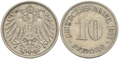 ГЕРМАНИЯ 10 ПФЕННИГОВ 1914 G KM 12, J. 13 медно-никель 33-715
