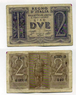 Италия 2 лиры 1939 Юлий Цезарь Pick 27, Grapanzano BS 14 8614-25-1-2